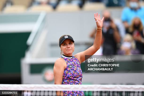 Sofia Kenin of the US celebrates after winning against Jessica Pegula of the US during their women's singles third round tennis match on Day 7 of The...