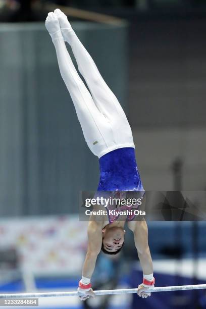 Kenzo Shirai competes in the Men's Horizontal Bar qualifying round on day one of the 75th All Japan Artistic Gymnastics Apparatus Championships at...