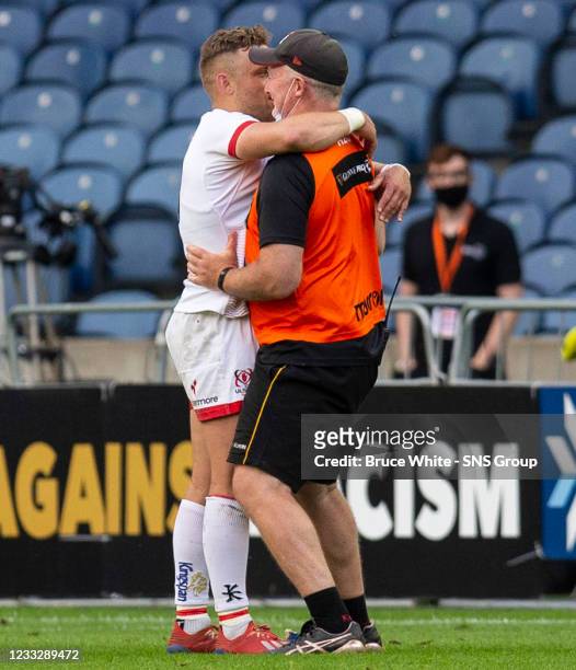 Ulster's Ian Madigan celebrate at full time during a Rainbow Cup match between Edinburgh and Munster at BT Murrayfield on June 05 in Edinburgh,...