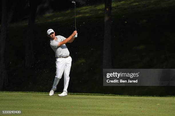 Patrick Cantlay hits a shot on the 15th fairway during the third round of the Memorial Tournament presented by Nationwide at Muirfield Village Golf...