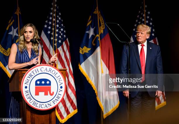 Laura Trump speaks at the NCGOP state convention as former U.S. President Donald Trump on June 5, 2021 in Greenville, North Carolina. Laura Trump put...