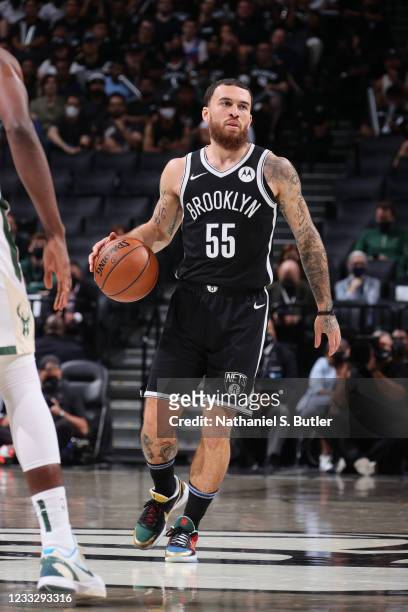 Mike James of the Brooklyn Nets handles the ball during the game against the Milwaukee Bucks during Round 2, Game 1 of the 2021 NBA Playoffs on June...