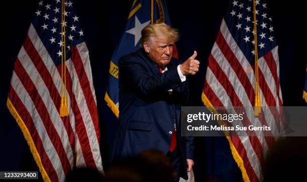 Former U.S. President Donald Trump exits the NCGOP state convention on June 5, 2021 in Greenville, North Carolina. The event is one of former U.S....