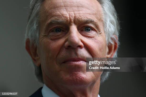 Former British Prime Minister Tony Blair leaves the BBC after appearing on The Andrew Marr Show on June 6, 2021 in London, England. The weekly news...