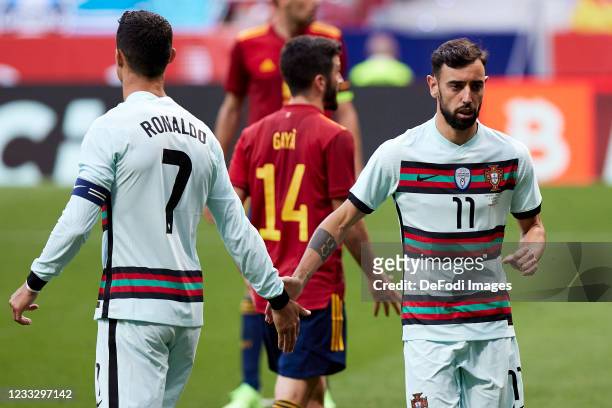 Bruno Fernandes of Portugal and Cristiano Ronaldo of Portugal gestures during the international friendly match between Spain and Portugal at Estadio...