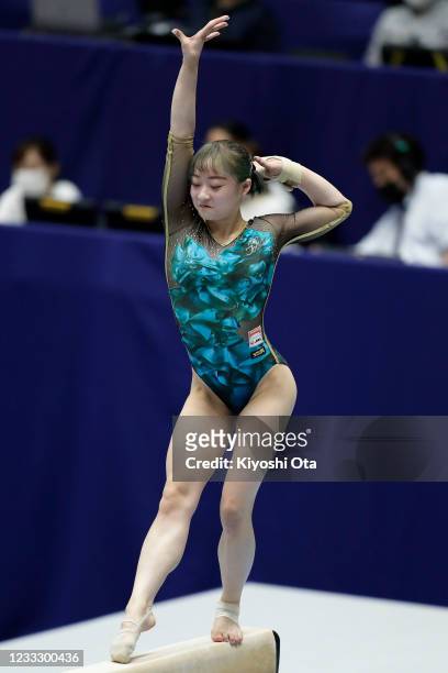 Yuna Hiraiwa competes in the Women's Balance Beam final on day two of the 75th All Japan Artistic Gymnastics Apparatus Championships at the Takasaki...