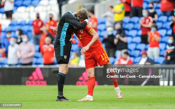 Wales Gareth Bale and Wayne Hennessey embrace at the final whistle during the International friendly match between Wales and Albania at Cardiff City...