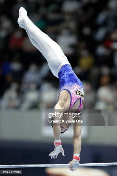 Kenzo Shirai competes in the Men's Horizontal Bar final on day two of the 75th All Japan Artistic Gymnastics Apparatus Championships at the Takasaki...