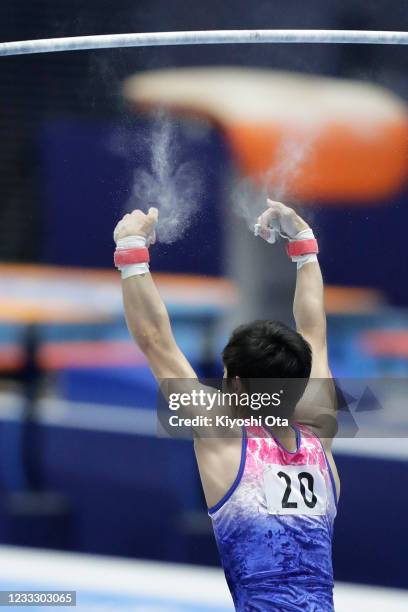 Kenzo Shirai fails to catch a bar while competing in the Men's Horizontal Bar final on day two of the 75th All Japan Artistic Gymnastics Apparatus...