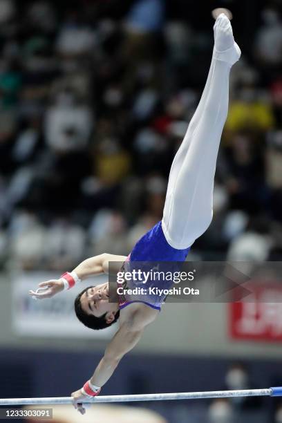 Kenzo Shirai competes in the Men's Horizontal Bar final on day two of the 75th All Japan Artistic Gymnastics Apparatus Championships at the Takasaki...