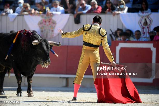 Spanish matador Daniel Luque gestures in front of a fighting bull in the arena of Arles, southern France, on June 6 on the opening day of the Arles...