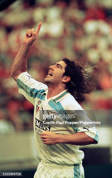 Chilean footballer Marcelo Salas of Lazio celebrates after scoring in Serie A, circa 2001.