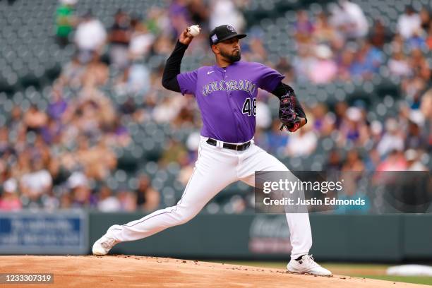 Starting pitcher German Marquez of the Colorado Rockies delivers to home plate during the first inning against the Oakland Athletics at Coors Field...