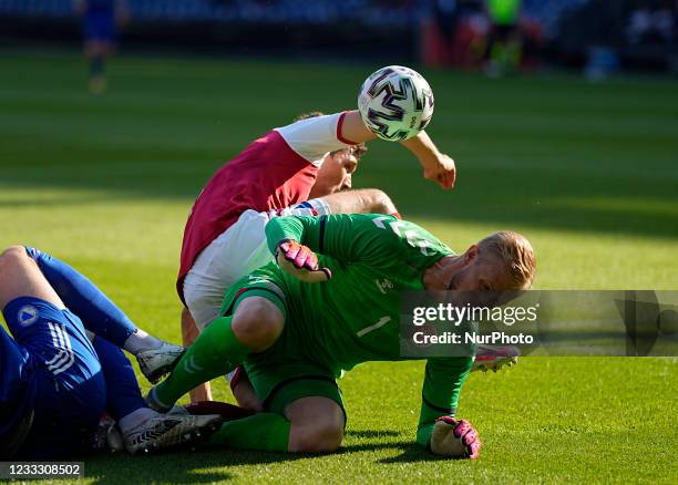 Denmarks Kasper Schmeichel and Denmarks Andreas Christensen during the friendly pre Euro 2021 match between Denmark and Bosnia and Herzegovina at...