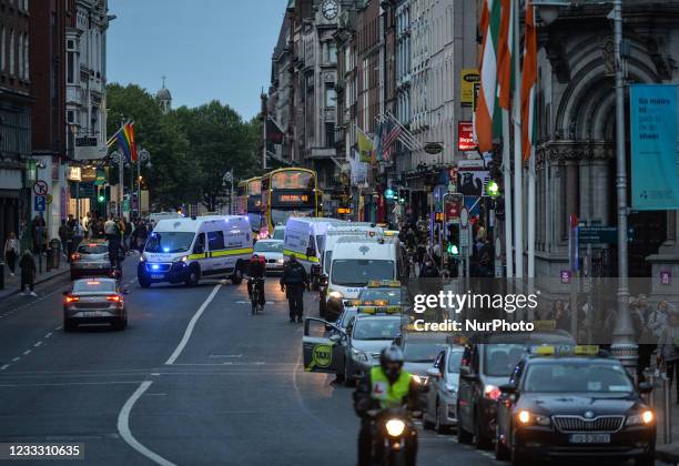 Garda Public Order Unit vans seen on Dame Street in Dublin city center. On Sunday, 6 June 2021, in Dublin, Ireland.