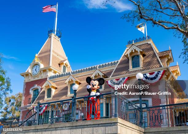 General views of Mickey waving to park-goers at Disneyland, which has recently reopened after being closed to the public for over a year on June 06,...