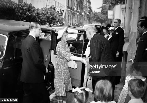Princess Elizabeth of England and her husband Philip, Duke of Edinburgh , are welcomed by General Georges Vanier, Ambassador of Canada in France, on...