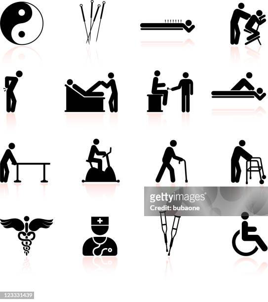 akupunktur und physiotherapie schwarz & weißen icon-set - physical therapy stock-grafiken, -clipart, -cartoons und -symbole