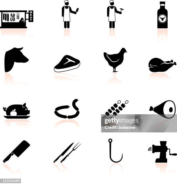 butcher and meat shop black & white vector icon set - t bone steak stock illustrations