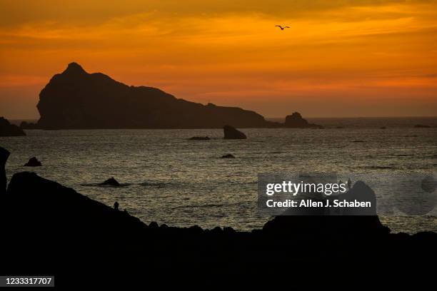 Crescent City, CA Beach combers view the sunset among sea stacks in Crescent City, CA.