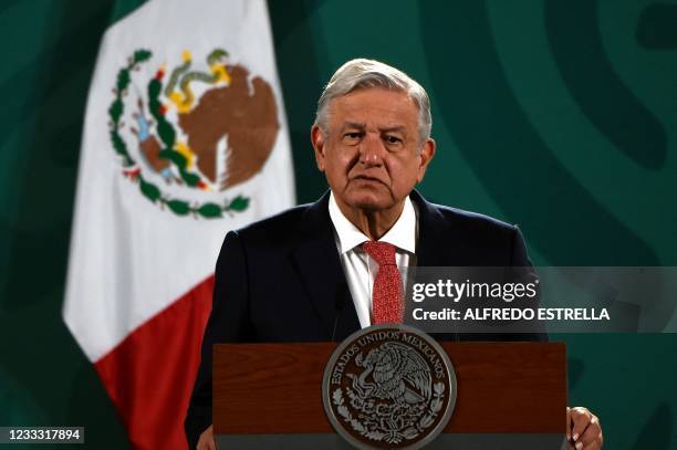 Mexican President Andres Manuel Lopez Obrador delivers a press conference about the results of Sunday's midterm elections at the National Palace in...