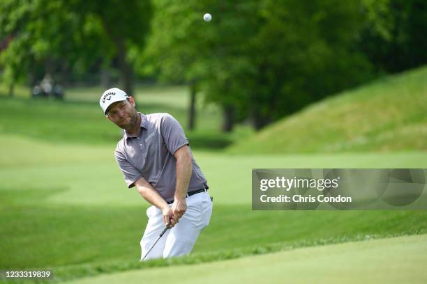 Brandon Grace of South Africa chips to the 14th green during the final round of the Memorial Tournament presented by Nationwide at Muirfield Village...