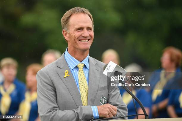 Jack Nicklaus II speaks during the closing ceremony during the final round of the Memorial Tournament presented by Nationwide at Muirfield Village...