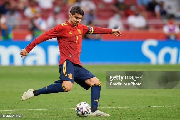 Alvaro Morata of Spain in action during the international friendly match between Spain and Portugal at Estadio Wanda Metropolitano on June 4, 2021 in...