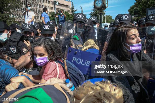 Police seen pushing protesters with their shields during the demonstration. Turkey withdrew from the Istanbul Convention on March 20, 2021 by the...