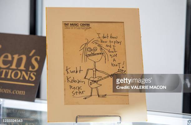 Signed self portrait drawing by Nirvana's Kurt Cobain is seen at the preview of Julien's Auctions 'Music Icons' in Beverly Hills, California on June...
