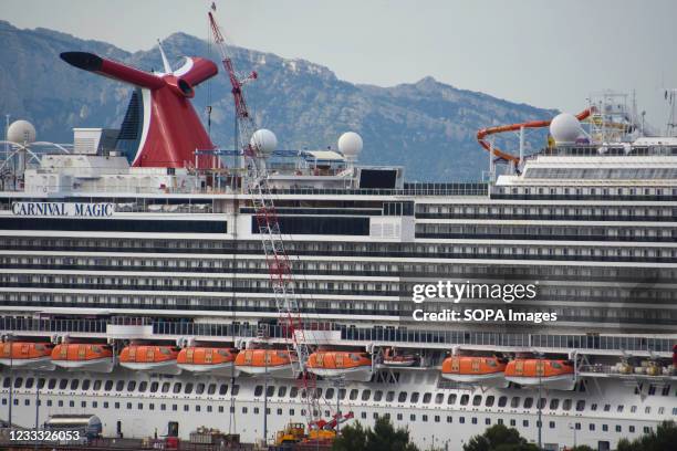 Close-up of the Carnival Magic cruise ship docked in Marseille. Carnival Cruise Lines ships in Marseille.