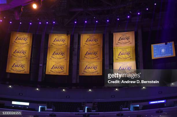 View of the championship banners during Round 1, Game 6 of the 2021 NBA Playoffs on June 3, 2021 at STAPLES Center in Los Angeles, California. NOTE...