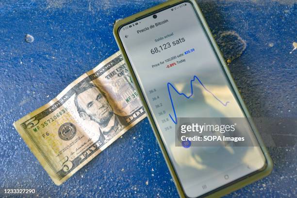Five US Dollar bill is seen next to a phone displaying an application used to transfer Bitcoin. Salvadoran President Nayib Bukele has announced that...