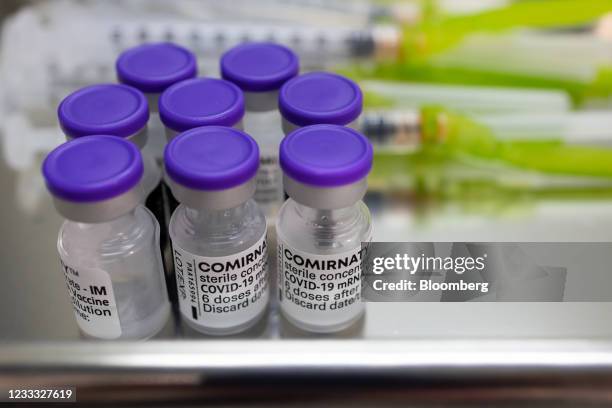 Vials of the Pfizer-BioNTech Covid-19 vaccine and syringes at a vaccination site inside the Incheon Samsan World Gymnasium in the Bupyeong district...