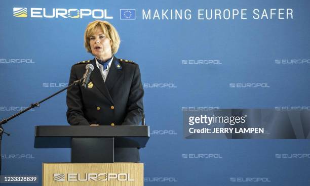 Chief Constable of the Central Unit of the Netherlands police Jannine Van der Berg delivers a speech during a press conference by EU police agency...