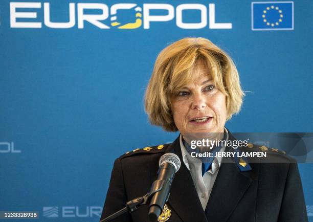 Chief Constable of the Central Unit of the Netherlands police Jannine Van der Berg delivers a speech during a press conference by EU police agency...