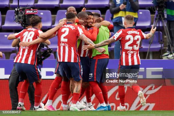Luis Suarez of Atletico Madrid celebrates after scoring his sides first goal during the La Liga Santander match between Real Valladolid CF and...