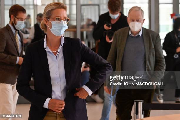 Parliamentary group co-leaders of Germany's far-right Alternative for Germany party, Alice Weidel and Alexander Gauland arrive to give a press...