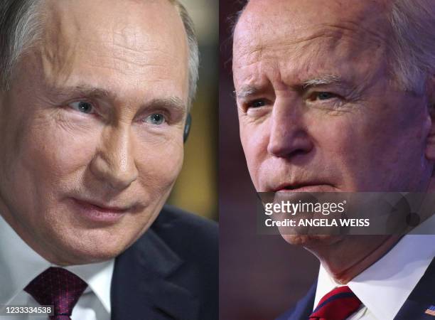 This combination of file pictures created on June 7, 2021 shows Russia's President Vladimir Putin speaking with US NBC news network anchor Megyn...