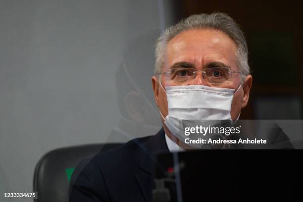 Senator Renan Calheiros of the Parliamentary Inquiry Committee looks on while Marcelo Queiroga is inquired to investigate government actions and...