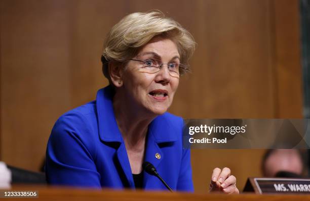 Senator Elizabeth Warren speaks during a Senate Finance Committee hearing June 8, 2021 on Capitol Hill in Washington, D.C. The committee is hearing...