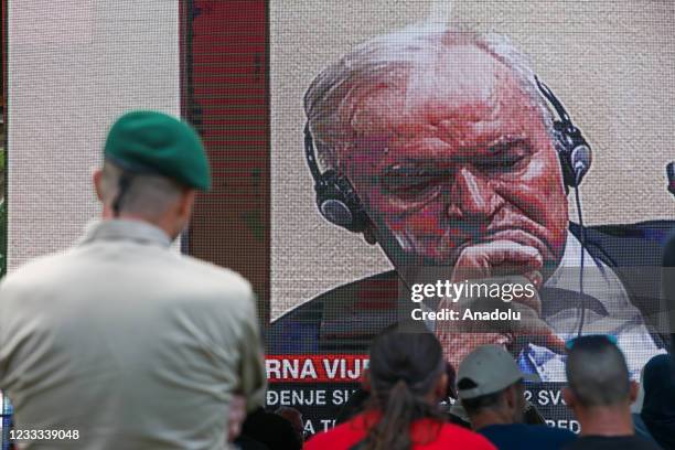Bosnian families follow the final verdict hearing of the former Bosnian Serb general Ratko Mladic also known as the "Butcher of Bosnia" in the ethnic...