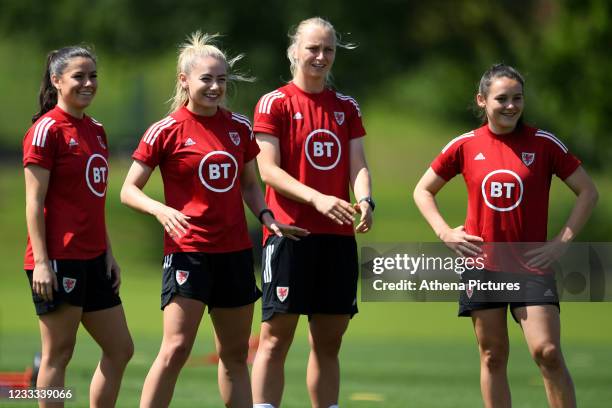 Ffion Morgan, Charlie Estcourt, Elise Hughes and Maria Francis-Jones of Wales Women during the Wales Women Training Session at the Vale Resort on...