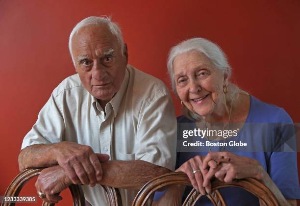 Former state Attorney General Francis X. Bellotti with his wife Maggi in Hingham, MA on June 2, 2021. Bellotti is the last standing World War II unit...
