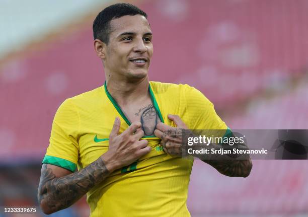 Guilherme Arana of Brazil celebrates after scoring a goal during the International football friendly match between Serbia U21 and Brazil U23 at Rajko...