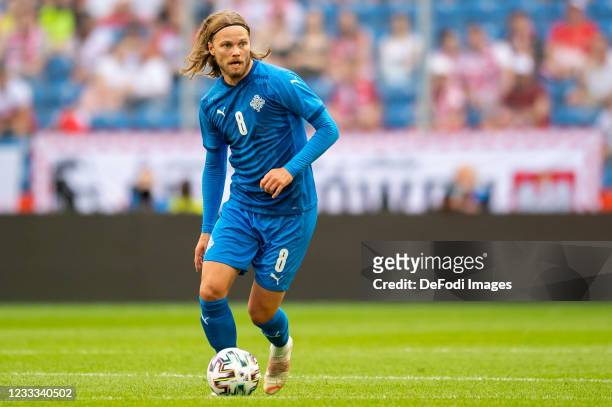 Birkir Bjarnason of Iceland controls the ball during the international friendly match between Poland and Iceland at Stadion Miejski on June 8, 2021...