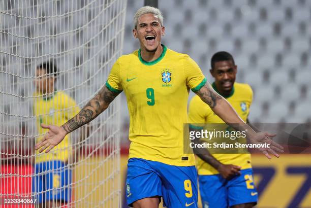 Pedro of Brazil celebrates after scoring a goal during the International football friendly match between Serbia U21 and Brazil U23 at stadium Rajko...