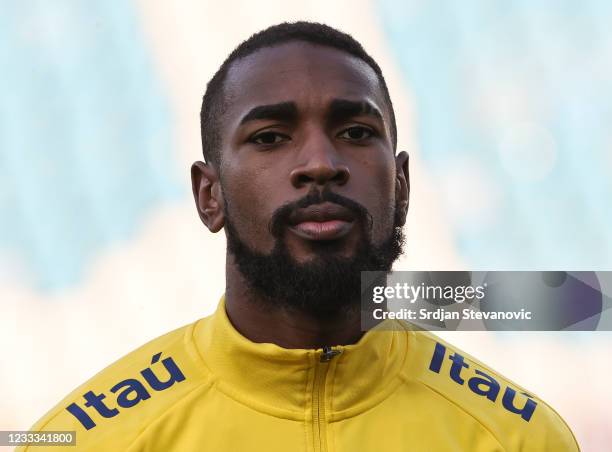 Gerson of Brazil looks on prior to the International football friendly match between Serbia U21 and Brazil U23 at stadium Rajko Mitic on June 8, 2021...