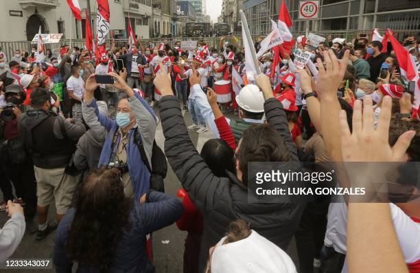 Supporters of Peruvian right-wing presidential candidate for Fuerza Popular, Keiko Fujimori protest in downtown Lima on June 8 following allegations...