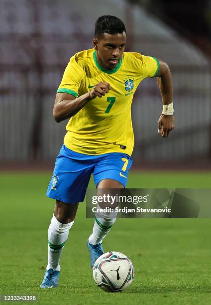 Rodrygo of Brazil in action during the International football friendly match between Serbia U21 and Brazil U23 at stadium Rajko Mitic on June 8, 2021...